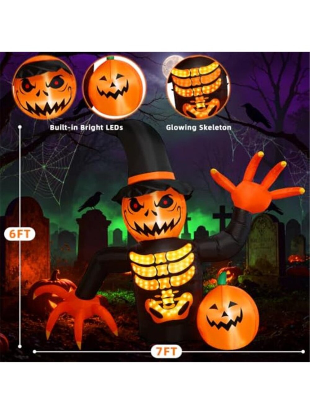 Halloween Inflatable 6FT Skeleton Pumpkin Inflatable with Magic Lightshow - Picture 2 of 7
